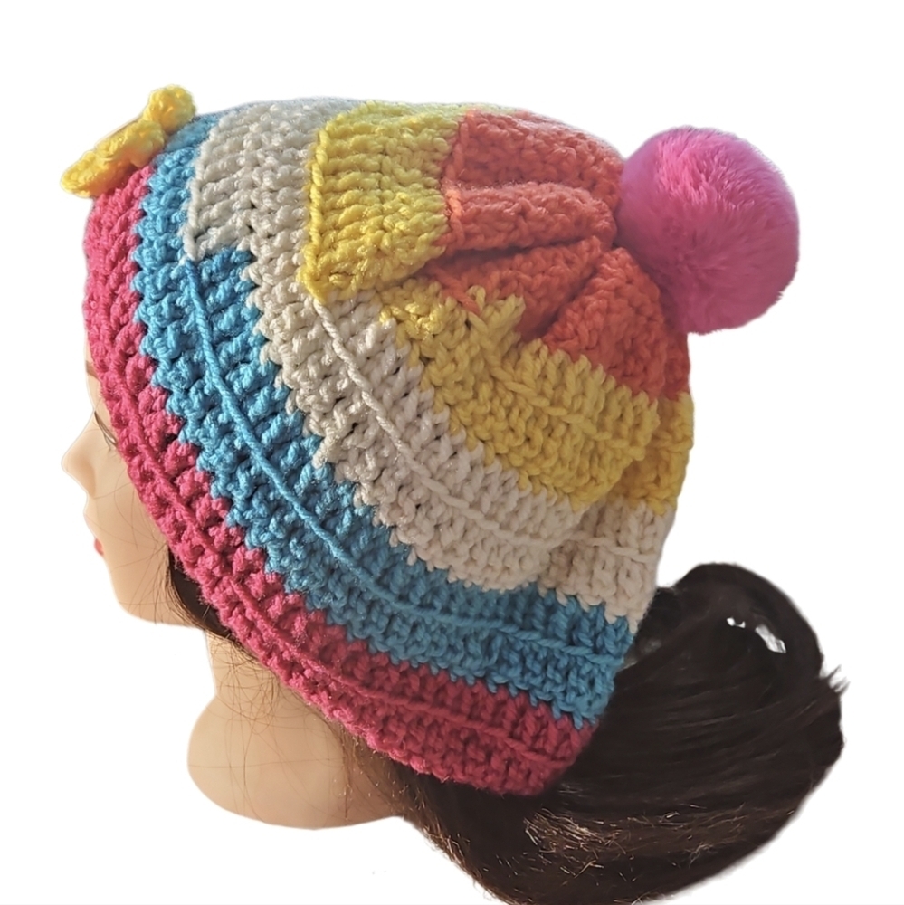 Hand Crafted Crochet Beanie Oversized Multicolored Pink pompom winter hat unique - Picture 7 of 17